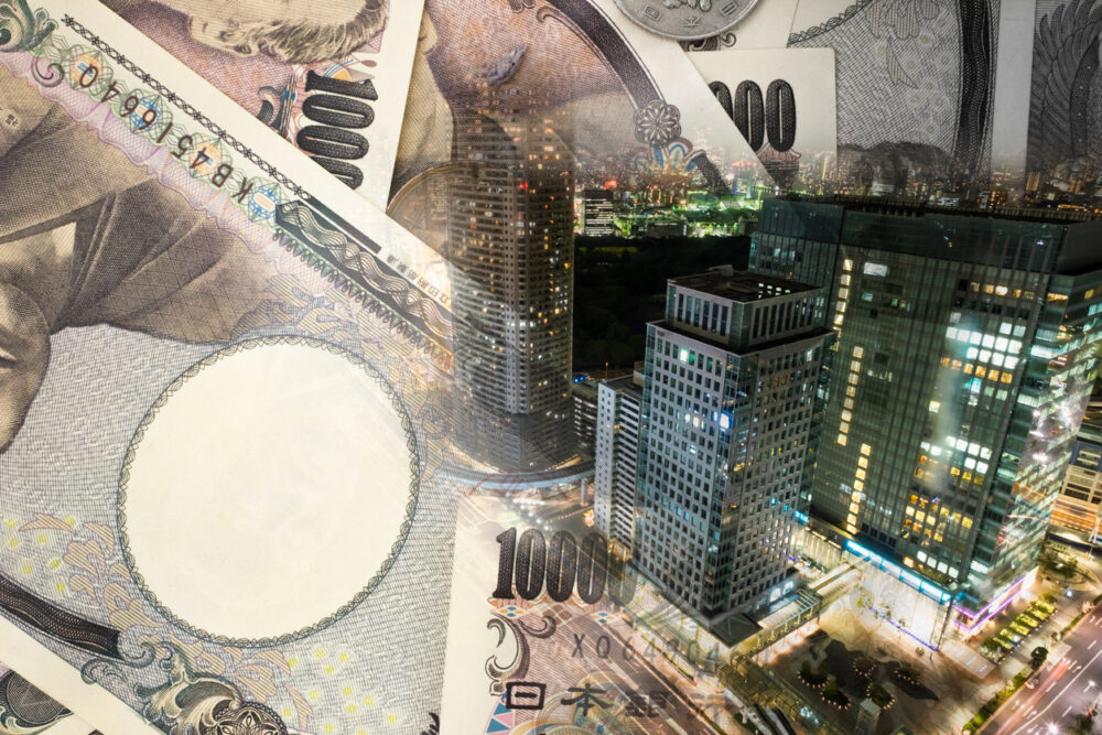 Double exposure of TOKYO CITY , note bank